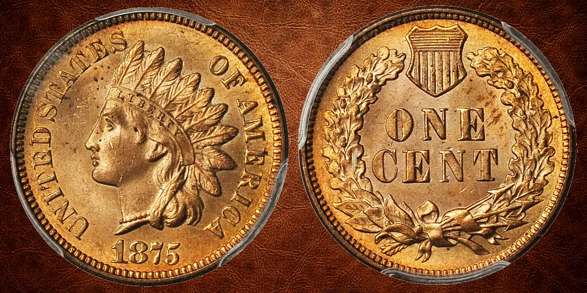 1875 Indian Head penny obverse and reverse showing Liberty portrait and wreath design