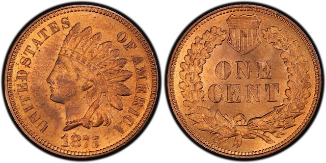 Side-by-side comparison of standard 1875 Indian Head cent reverse versus the Snow-16 Dot-on-N variety showing raised dot on the N in ONE