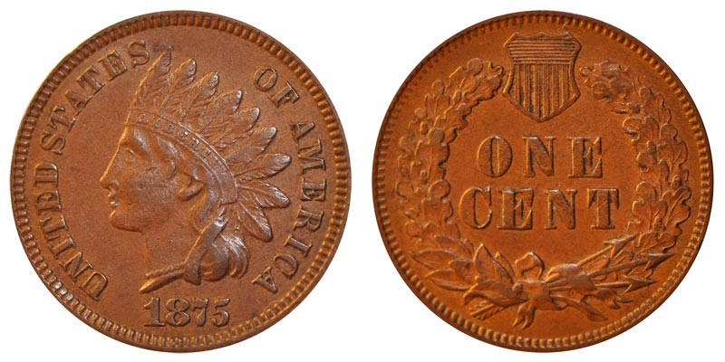 Grading strip showing 1875 Indian Head cent in four grades from heavily worn Good to uncirculated MS-62